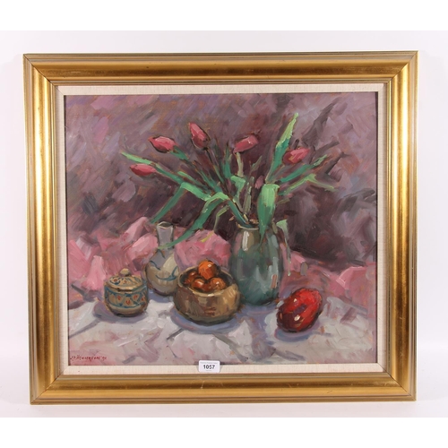 260 - JOHN D HENDERSON (Scottish 20th century) Still Life with Tulips Oil painting, signed 'J D HENDERSON'... 