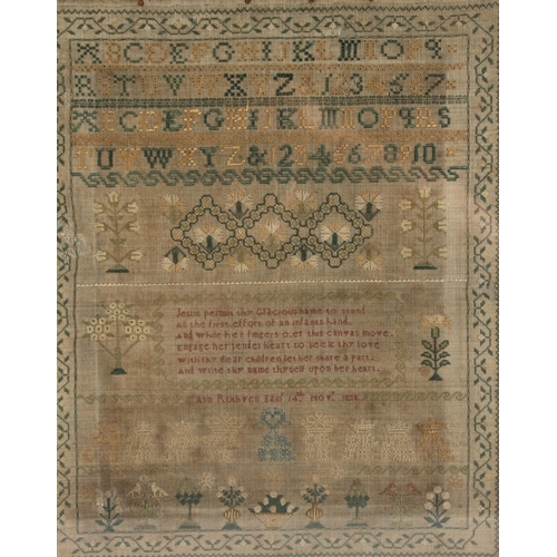 277 - Antique needlework sampler with alphabets, number strand, floral motifs, crowned cyphers and bible v... 