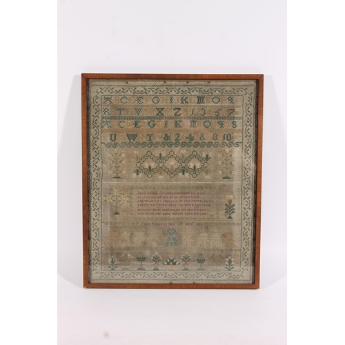 277 - Antique needlework sampler with alphabets, number strand, floral motifs, crowned cyphers and bible v... 