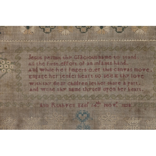 277 - Antique needlework sampler with alphabets, number strand, floral motifs, crowned cyphers and bible v... 