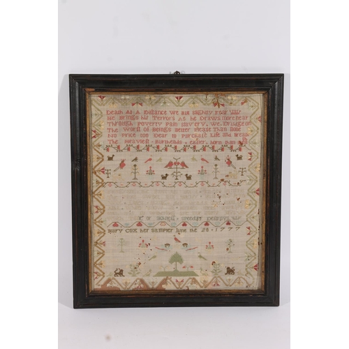 280 - Antique Georgian needlework sampler with animals including robins, dogs, lions etc. also a pair of a... 