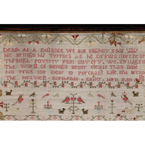 280 - Antique Georgian needlework sampler with animals including robins, dogs, lions etc. also a pair of a... 