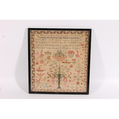 281 - Antique Victorian needlework sampler with Adam and Eve standing by the Garden of Eden apple tree, a ... 