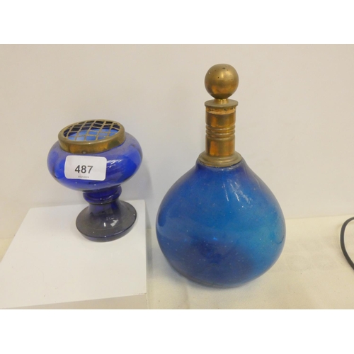 487 - Antique Bristol blue decanter and posy vase.