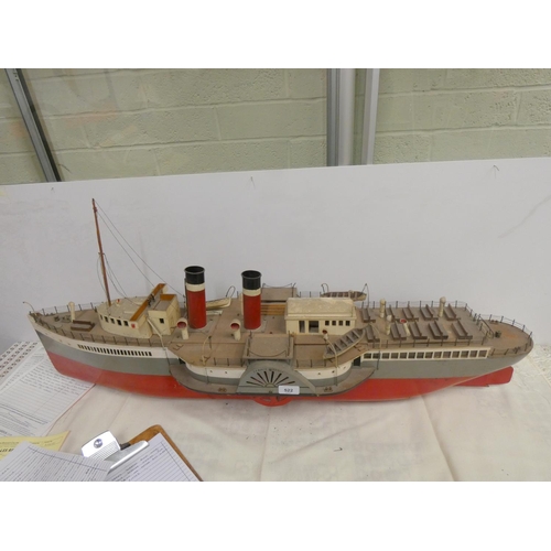 522 - Jeanie Dean's scratch built model of The Paddle Steamer, marine ply. Length 110cm, width 28cm. No mo... 