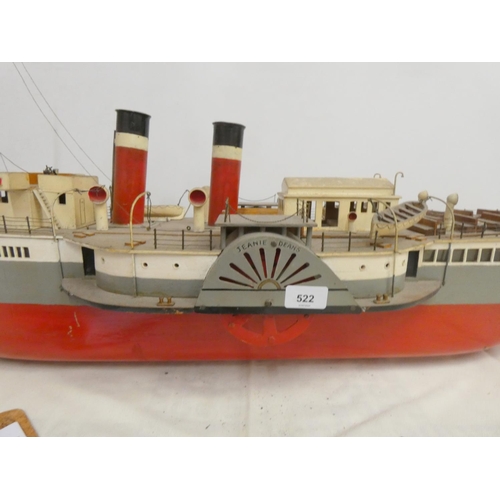 522 - Jeanie Dean's scratch built model of The Paddle Steamer, marine ply. Length 110cm, width 28cm. No mo... 