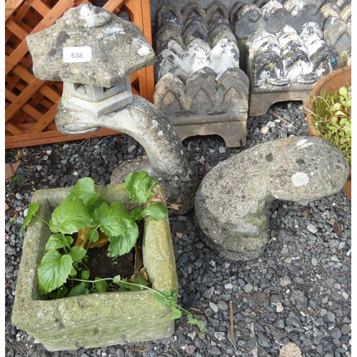 538 - Three small concrete garden ornaments including otter, lantern, small planter.