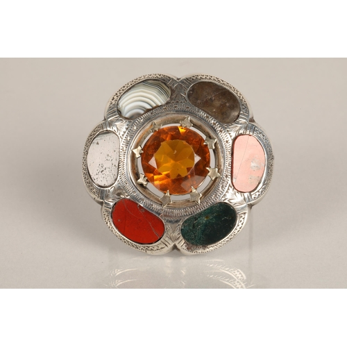 149 - White metal Scottish plaid brooch set with a central orange gem and assorted others including agate,... 