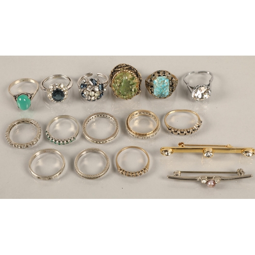 155 - Three gem set 9ct gold rings gross weight 8g, and an assortment of others including silver etc.