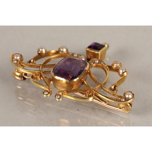 160 - 15K gold purple gem and seed pearl set Art Nouveau style brooch, 4.5g