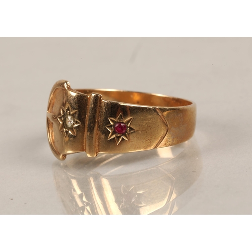 193 - 9ct gold buckle ring set with a pink gem and a white gem, ring size W, 4g