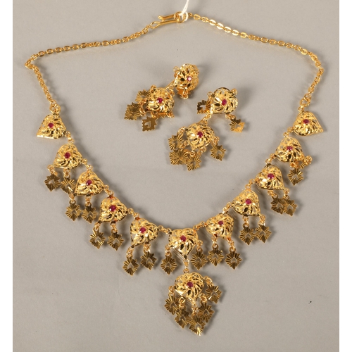 107 - High karat yellow gold necklace and matching earrings, set with pink gems, gross weight 45g