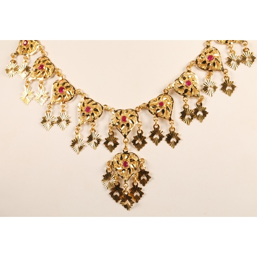 107 - High karat yellow gold necklace and matching earrings, set with pink gems, gross weight 45g