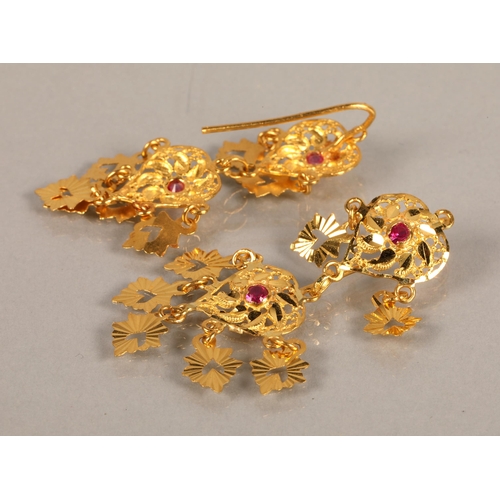 107 - High karat yellow gold necklace and matching earrings, set with pink gems, gross weight 45g