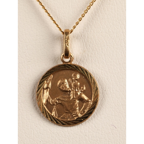 114 - Three 9k gold necklaces, one with St Christopher pendant, gross weight 5.2g, and a yellow metal pin ... 