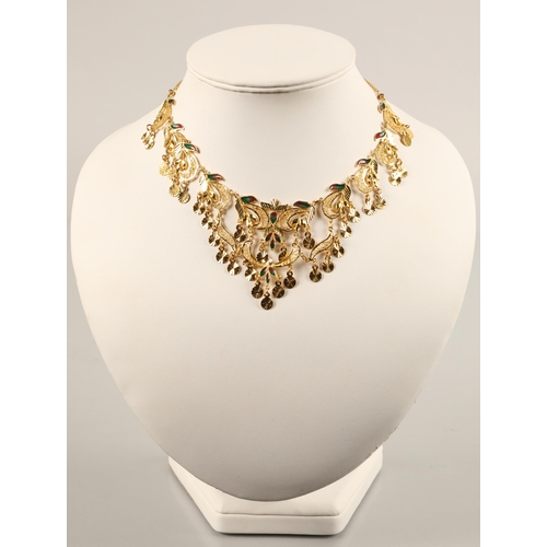 82 - High karat yellow gold necklace and matching earrings with filigree and enamel detail, gross weight ... 