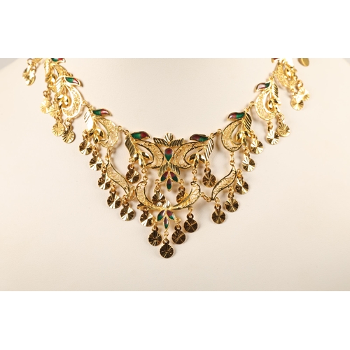 82 - High karat yellow gold necklace and matching earrings with filigree and enamel detail, gross weight ... 