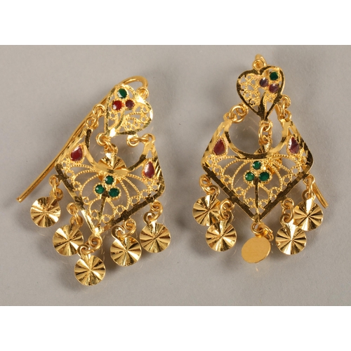 82 - High karat yellow gold necklace and matching earrings with filigree and enamel detail, gross weight ... 