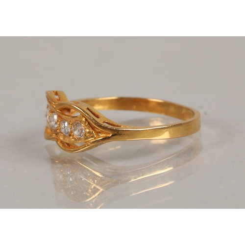 85 - High karat yellow gold ring set with four white gems, one setting empty, ring size N, 2.2g