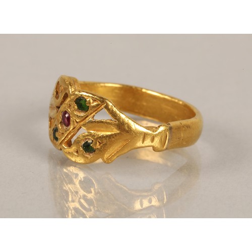 227 - High karat yellow gold ring set with green and pink gems (one missing), 4.7g, ring size L