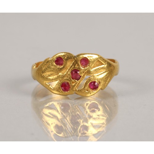 229 - High karat yellow gold ring set with five pink gems, 4.3g, ring size N