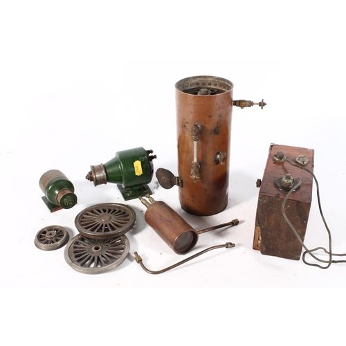 1095 - Copper model of a live steam boiler, 19cm tall, a Miller of England 6 volt dynamo, a Lucas model C25... 