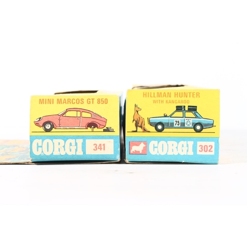 1100 - Corgi Toys diecast model vehicles to include 302 Hillman Hunter with Kangaroo and 341 Mini Marcos GT... 