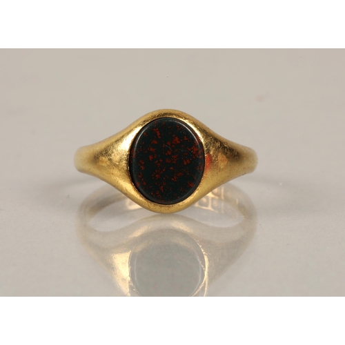 103 - 18ct gold signet ring set with bloodstone, ring size M, 4.7g