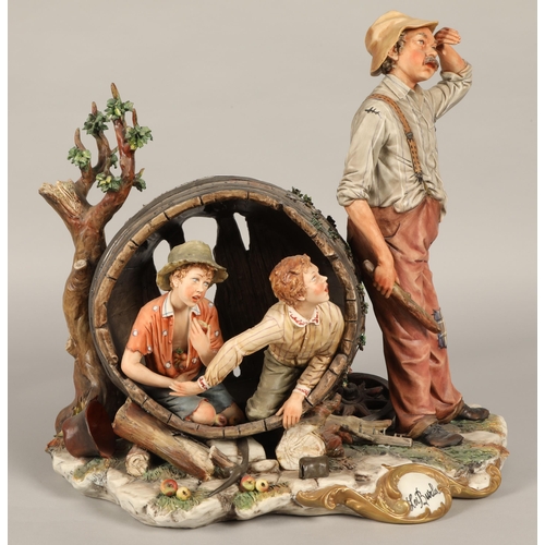 27 - Large Capodimonte figure, Tom Sawyer scene 'The Apple Thieves', 39cm high