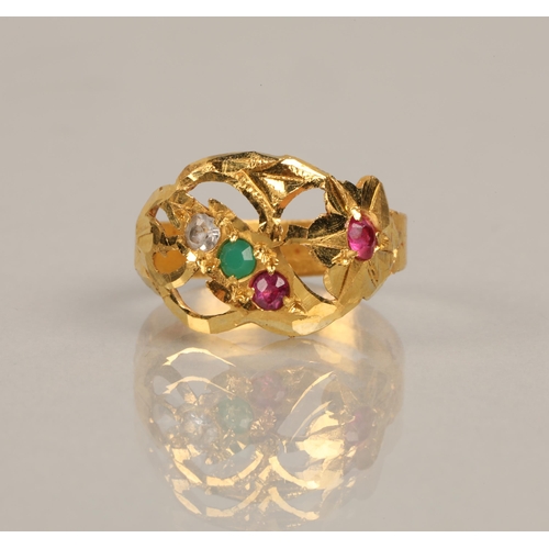 75 - High karat yellow gold ring set with pink, green, and white gems, ring size E/F, 1.7g