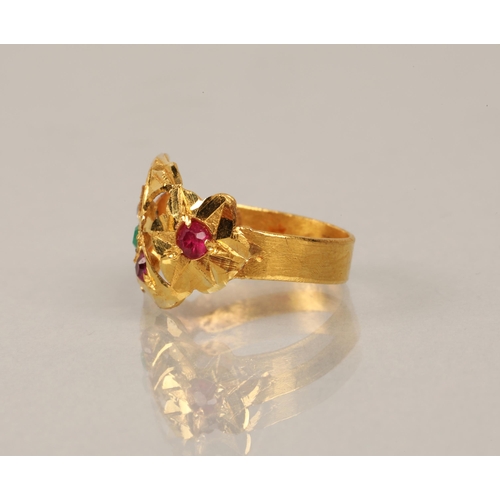 75 - High karat yellow gold ring set with pink, green, and white gems, ring size E/F, 1.7g