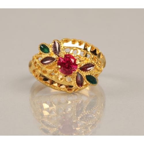 77 - Hight karat gold ring set with a pink gem and purple and green enamel, ring size M/N, 6.3g