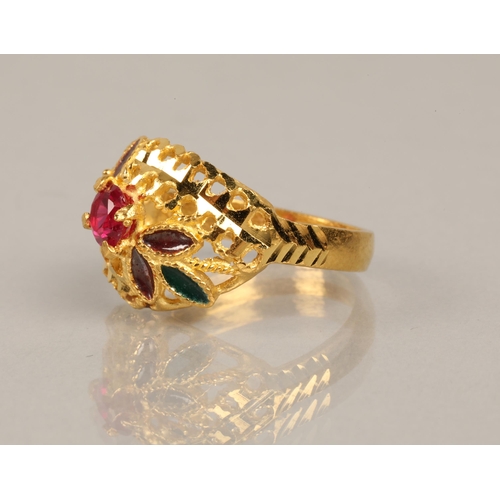 77 - Hight karat gold ring set with a pink gem and purple and green enamel, ring size M/N, 6.3g