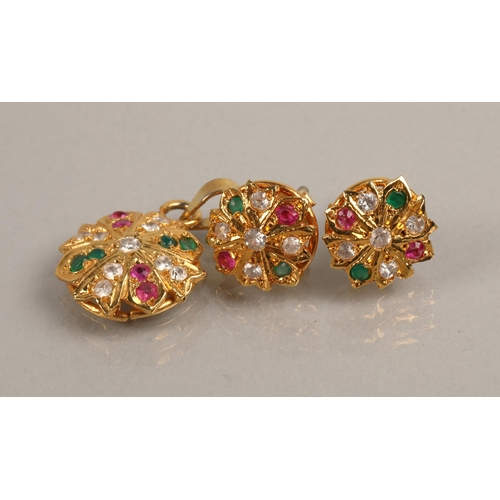 79 - Yellow metal pendant and earrings set, set with pink, green, and white gems, gross weight 6g