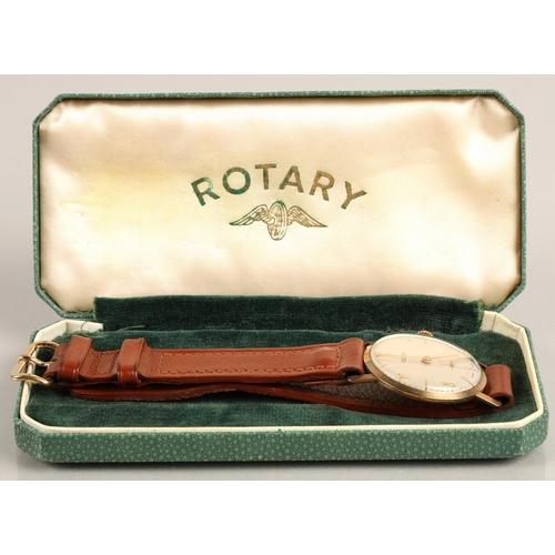 83 - 9ct gold vintage Rotary wristwatch on brown leather strap with case