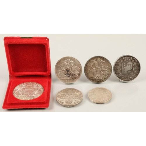 87 - 1870 Austria Maria Theresa silver coin, four Victoria crowns  and a George V