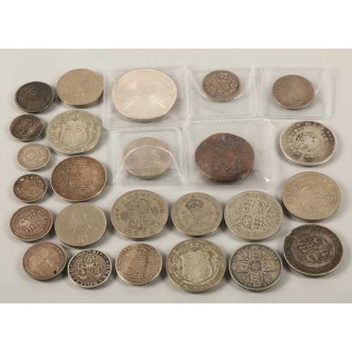 91 - Assorted silver and white metal coins including UK, Mexico, etc