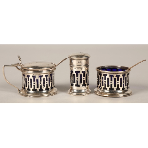 257 - George V condiment set, assay marked Birmingham 1922, Docker & Burn Ltd, 61.8g