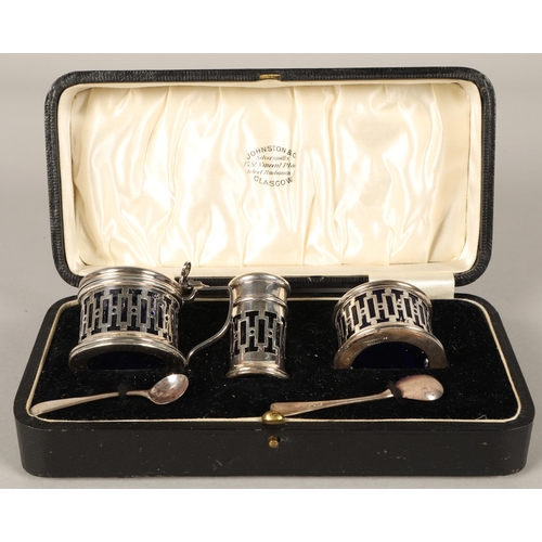 257 - George V condiment set, assay marked Birmingham 1922, Docker & Burn Ltd, 61.8g