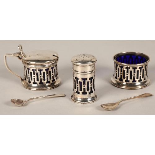 257 - George V condiment set, assay marked Birmingham 1922, Docker & Burn Ltd, 61.8g