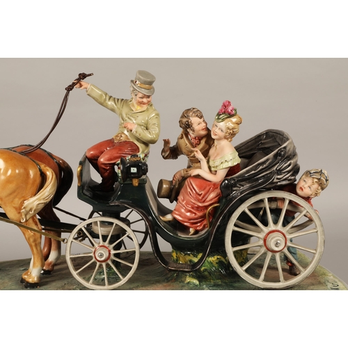 42 - Large Capodimonte figure of couple being pulled in horse-drawn carriage, approx. 67cm x 30cm x 37cm