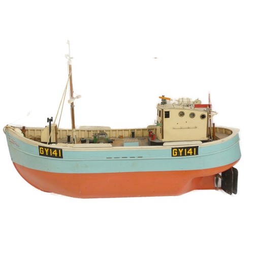 Large scratch built model of a trawler GY141, named Our Lorraine with Futaba 12 volt running gear marine ply tin plate wheel house brass propeller. Length 87cm, width 27cm.