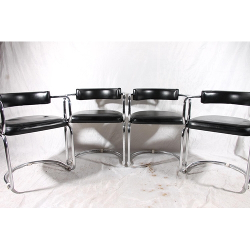 369 - Set of four mid-century chromed and leather cantilever chairs of tubular construction with padded se... 