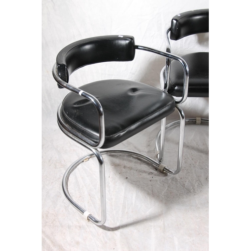 369 - Set of four mid-century chromed and leather cantilever chairs of tubular construction with padded se... 