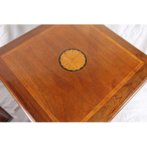 385 - Two Edwardian revolving bookcases with inlaid marquetry tops and slatted compartments, max H85cm.