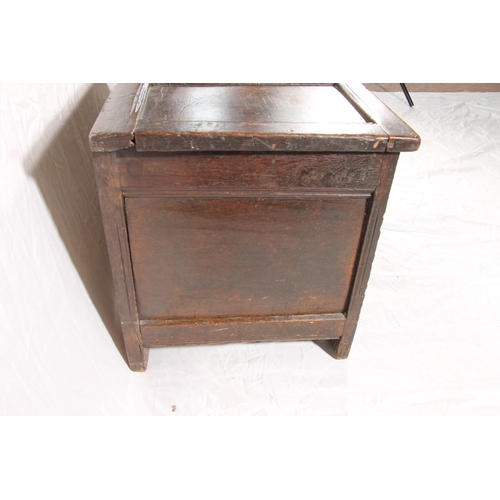 386 - 18thC oak coffer, with three panel hinged top over chip carved front and stile legs, W96cm.