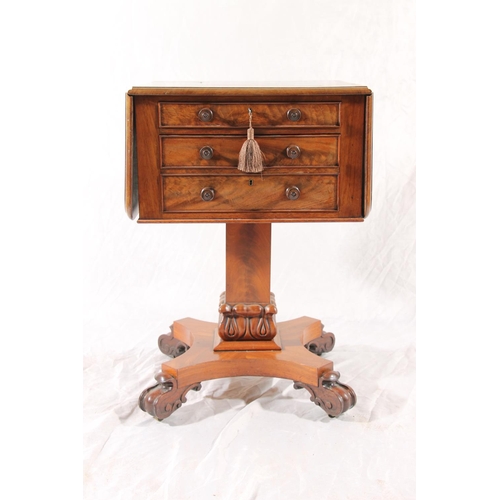 390 - Victorian mahogany sewing table, of three frieze drawers between drop leaf sides, raised on square c... 