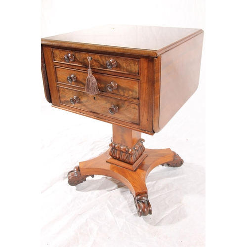 390 - Victorian mahogany sewing table, of three frieze drawers between drop leaf sides, raised on square c... 