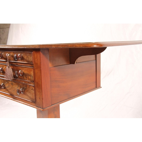 390 - Victorian mahogany sewing table, of three frieze drawers between drop leaf sides, raised on square c... 