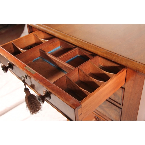 390 - Victorian mahogany sewing table, of three frieze drawers between drop leaf sides, raised on square c... 